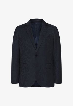 Donkerblauw blazer met subtiel tonal patroon, enkele knoopsluiting, twee voorkruiszakken, gesneden revers en een gladde binnenvoering.