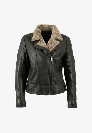 Schwarze Lederjacke mit Schaffellkragen, Reißverschluss, Seitentaschen und horizontalen Nähdetails auf der Vorderseite.