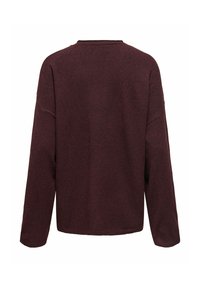 Burgundowa bluza z długim rękawem, okrągłym dekoltem i opadającymi ramionami. Gładka tekstura, prosty design, bez widocznych wzorów czy akcentów.