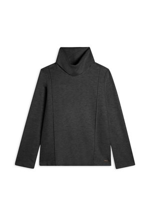 Pull à col roulé gris foncé, confortable, avec de longues manches, présentant un col cheminée et des détails de coutures subtils sur les côtés.