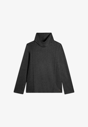 Maglione a collo alto grigio scuro e morbido con maniche lunghe, caratterizzato da un collo a imbuto e delicate cuciture laterali.