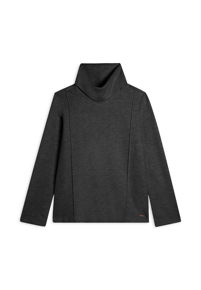 Maglione a collo alto grigio scuro e morbido con maniche lunghe, caratterizzato da un collo a imbuto e delicate cuciture laterali.