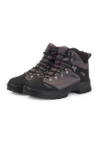 Szare buty trekkingowe z czarnymi gumowymi podeszwami, charakteryzujące się wysokim wzorem kostki, metalowymi oczkami oraz wzmocnionymi palcami i piętami.