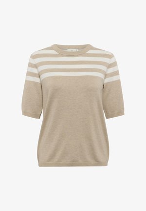 Beige knit sweater with short sleeves, featuring horizontal white stripes across the chest and round neckline. Soft texture, relaxed fit.