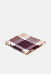 Écharpe en plaid tissée dans des teintes de bordeaux, beige et blanc, avec des bords frangés. Le matériau semble doux et léger. Forme carrée.