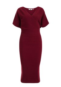 Burgunderfarbendes, geripptes Kleid mit V-Ausschnitt, kurzen Ärmeln und taillierter Silhouette. Hergestellt aus strukturiertem Stoff, der eine glatte Oberfläche bietet.