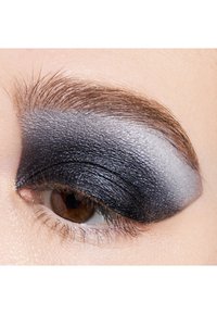Close-up of an eye with black and silver eyeshadow, featuring a gradient effect and shimmer. Eyebrow is well-groomed, fine hair texture visible.