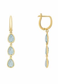 Gold hoop earrings with three dangling, tear-shaped blue gemstones, featuring a polished finish and smooth texture.