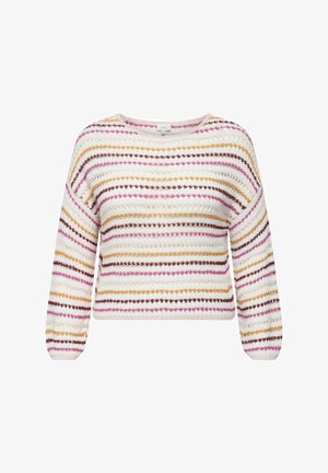 Pulover tricotat cu mâneci lungi, având dungi horizontale în nuanțe de roz, maro, portocalie și ivoriu. Decolteu larg și model texturat.