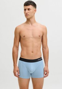 Helles blaues Boxerbriefs aus weichem Stoff, mit einem kontrastierenden schwarzen Bund mit Logo und einer enganliegenden Passform.