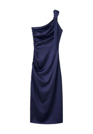 Robe midi bleu marine asymétrique avec côtés froncés et détail de bretelle nouée sur l'épaule, en tissu lisse.