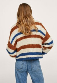 Kobieta z falującymi, jasnobrązowymi włosami, ubrana w luźny sweter z kremowymi, brązowymi i niebieskimi poziomymi paskami oraz w high-waisted niebieskie dżinsy, stojąca tyłem.