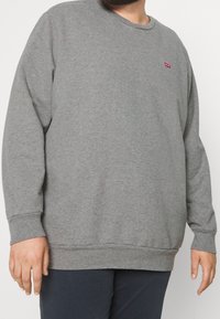 Personne portant un sweat-shirt gris uni à manches longues avec un petit logo rouge Levi's sur la poitrine et un pantalon foncé.