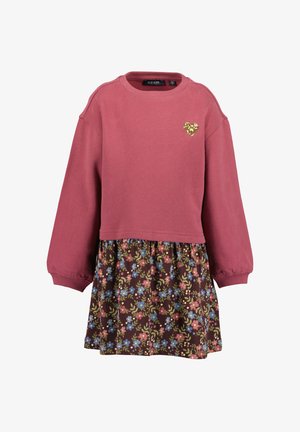 Langærmet sweatshirt-kjole i støvet rosa med nederdel i blomsterprint og lille hjerte af guldglimmer på brystet.