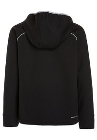 Schwarze Kapuzenjacke mit Kordelzugkapuze, weißen Akzentnähten und einem Logo auf der unteren linken Seite. Hergestellt aus weichem, strukturiertem Material.