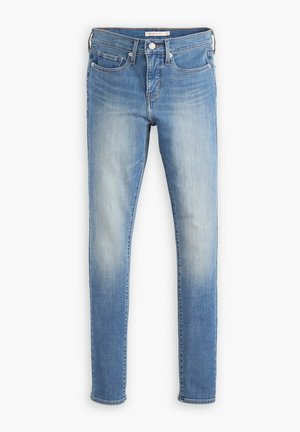 Hellblaue Jeans aus Denim, mit schmaler Passform, fünf Taschen und dezentem Verblassen. Schlichter Bund mit Metallknopfverschluss.
