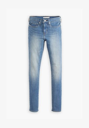 Hellblaue Jeans aus Denim, mit schmaler Passform, fünf Taschen und dezentem Verblassen. Schlichter Bund mit Metallknopfverschluss.