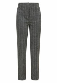 Grau gestreifte Hosen mit geradem Schnitt, die eine glatte Textur und ein dezentes Muster aufweisen. Keine sichtbaren Taschen oder Verzierungen.