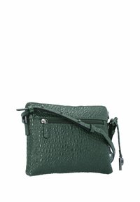 Borsa a tracolla in pelle verde con texture, dotata di due scomparti con zip e una tracolla regolabile. Presenta un piccolo dettaglio decorativo in metallo.