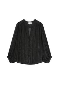 Blusa negra con una textura brillante, que presenta mangas largas abullonadas, un cierre frontal de botones y un corte relajado, fabricada con un material ligero.