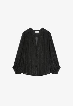 Blusa negra con una textura brillante, que presenta mangas largas abullonadas, un cierre frontal de botones y un corte relajado, fabricada con un material ligero.