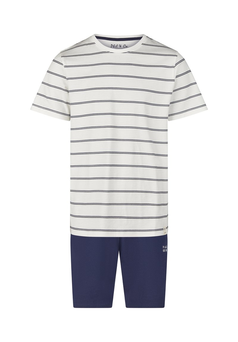 Conjunto de ropa de hogar para hombre que incluye una camiseta blanca ligera con rayas azul marino y pantalones cortos a juego en azul marino. Tejido suave, corte casual.