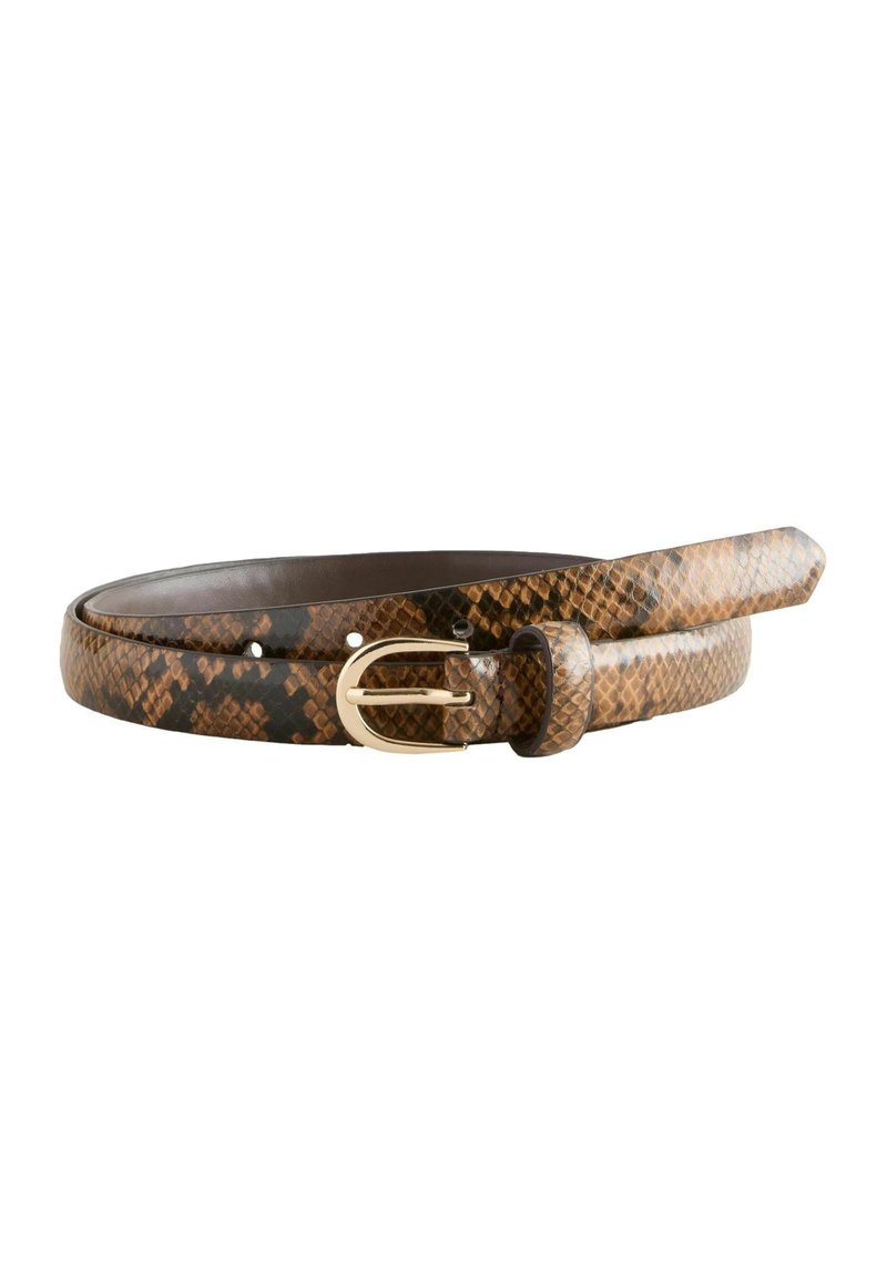 Ceinture en simili cuir serpent marron avec une boucle en métal doré, présentant un motif texturé et plusieurs trous pour un ajustement de la taille.