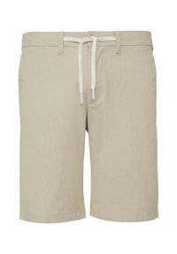 Pantalones cortos beige de tela texturizada, con cierre de cordón y bolsillos laterales, con un corte recto y dobladillos acabados.