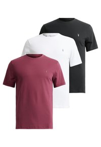 Trīs īssleeve T-kreklos, maroon, baltā un melnā krāsā. Katram ir apaļa kakla izgriezums un neliels logo uz krūtīm. Kokvilnas audums.