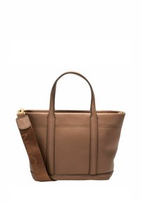 Brązowa skórzana torba tote o teksturowanej powierzchni, podwójnych uchwytach i regulowanym pasku. Posiada zamek błyskawiczny oraz wytłoczone logo.