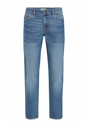 Šviesiai mėlynos džinsinės kelnių su klasikiniu tiesiu kroju, turinčiomis penkias kišenes, metalinį mygtuko uždarymą ir šiek tiek išblukusią medžiagą.