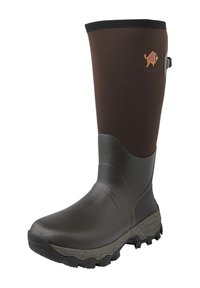 Dark brown waterproof boot featuring a rubber lower, textured outsole for traction, and adjustable top with a logo accent.