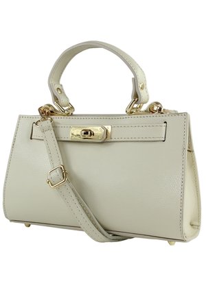 Lichtbeige leren handtas met een gestructureerde vorm, gouden details, top handvatten en een afneembare schouderriem. Gladde textuur.