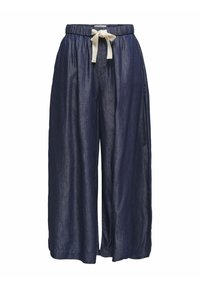 Široké nohavice z tmavého denimu s elastickým pasem a béžovým stahovacím provázkem. Hladký povrch, plná délka a jednoduchý design bez dalších ozdob.