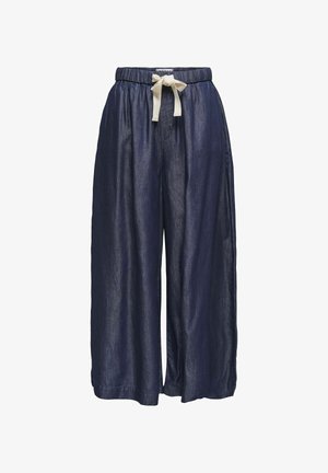 Plati kāju tumšās denim bikses ar elastīgu jostasvīru un bežīgu saistvīru. Gluda tekstūra, pilna garuma un vienkāršs dizains bez papildu rotājumiem.