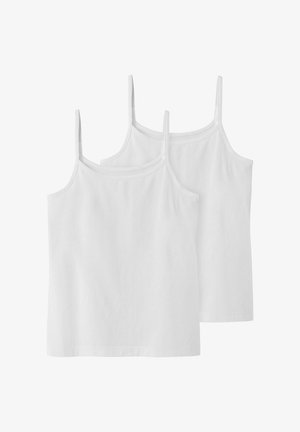Dvije bijele pamučne majice bez rukava s tankim naramenicama, jednostavnog ravnog kroja i glatke teksture.