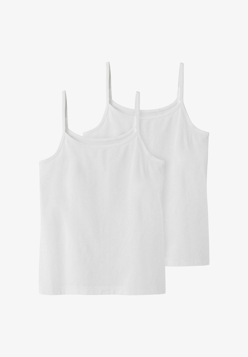 Två vita bomulls-linne med tunna band, med en enkel, rak skärning och en slät textur.