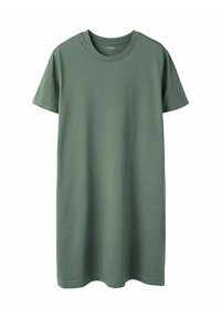 Robe t-shirt unie vert olive à manches courtes, col rond et ourlet droit, présentée sur fond blanc.