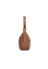 Borsa a tracolla in pelle marrone con forma strutturata, tracolla singola e dettaglio con fibbia. Texture liscia con minimi accenti di cucitura.