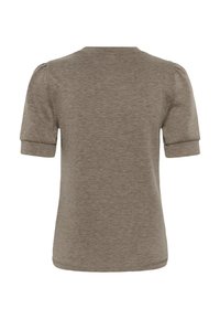 Smeđi kratki top s kratkim rukavima, okruglim izrezom i napuhanim rukavima. Izrađen od mekog, teksturiranog materijala s glatkom završnom obradom.