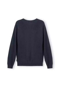 Granatowa bluza z długim rękawem, z okrągłym dekoltem, ściągaczami przy mankietach i ściągaczem u dołu, o gładkiej, miękkiej fakturze.