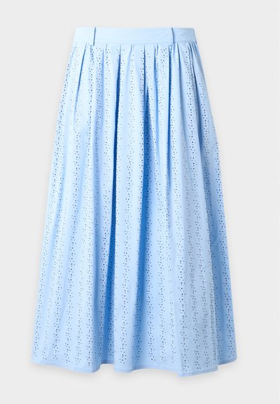 Jupe midi bleu clair avec plis et petit motif à pois noirs, taille ajustée et silhouette trapèze.