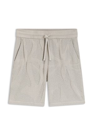 Hellgraue Frotteeshorts mit Kordelzugbund und seitlichen Taschen mit dezentem Blattmuster.