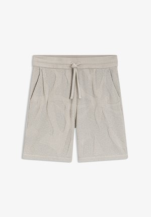 Short en éponge gris clair avec taille élastiquée à lien coulissant et poches latérales avec un motif subtil de feuilles.