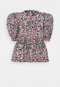 Blouse florale avec un fond marine orné de fleurs roses, jaunes et blanches. Manches bouffantes et taille peplum avec une fermeture éclair au dos.
