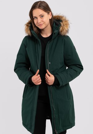 Grüner Parka mit abnehmbarem Kunstfellkragen, Reißverschluss und Seitentaschen. Verfügt über eine glatte Textur und ein knielanges Design.