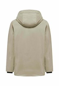 Giacca impermeabile beige con cappuccio, caratterizzata da una trama liscia, maniche lunghe e dettagli neri ai polsini.