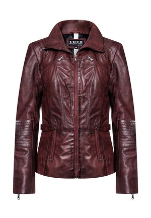 Dames donkerrode leren jas met ritssluiting aan de voorkant, vier ritssluitingszakken, doorgestikte ellebogen en een brede kraag, maat 36, merkembleem binnenin.