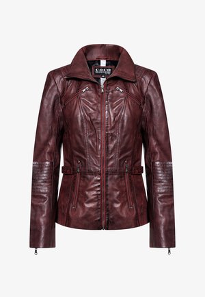 Damen dunkelrote Lederjacke mit Frontreißverschluss, vier Reißverschlusstaschen, gesteppte Ellbogen und breitem Kragen, Größe 36, Markenetikett innen.