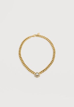 Gold chain necklace with a hexagonal pendant featuring a large clear gemstone surrounded by smaller stones.